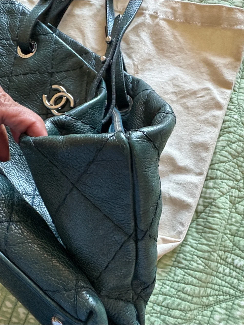 Authentic CHANEL Quilted Leather Tote in Deep Green with Silver Hardware